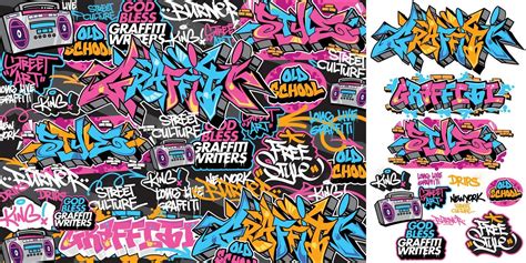 A set of colorful or vibrant graffiti art stickers. Street art theme, urban style for T-shirt ...