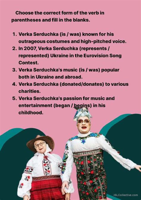 Workbook on Verka Serduchka: Learnin…: English ESL worksheets pdf & doc