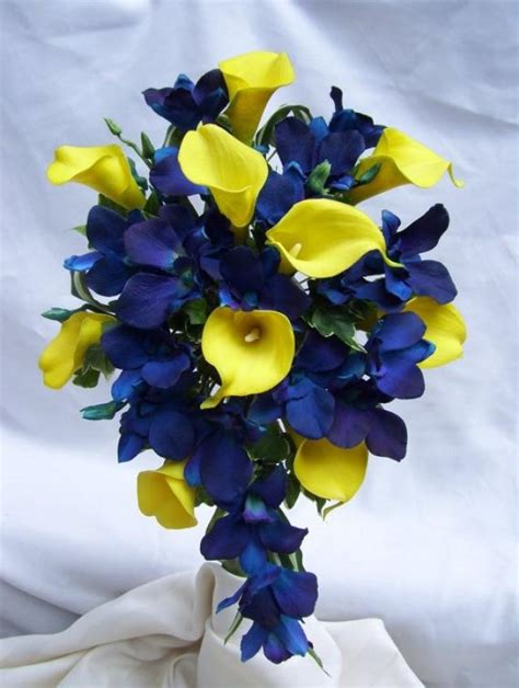 Tracy's Cascade Bridal Bouquet With Yellow Calla Lilies, Blue Violet Dendrobuim Orchids #2144410 ...