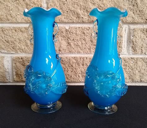 Murano Blue Cased Hand Blown Art Glass Vases with Attached Clear Glass Floral - Set of 2 ...