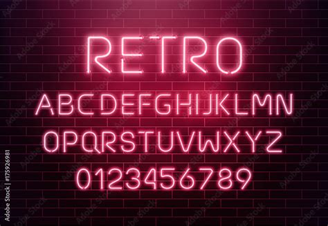 Light neon font letter set. Bar sign vector type. Glowing casino and cinema red text alphabet on ...