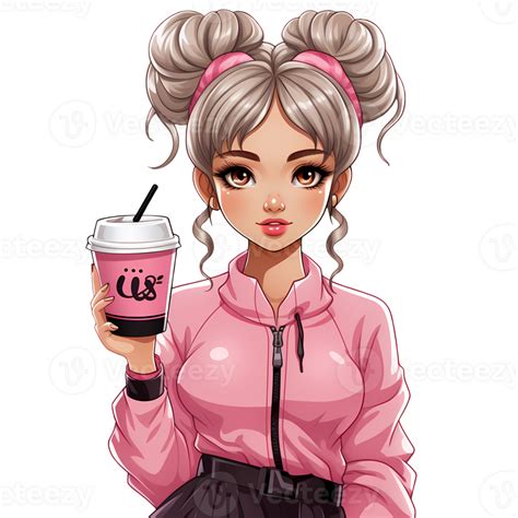 Cute Coffee Latte Pink Girl Clipart AI Generative 27237063 PNG