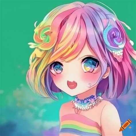 Bright pastel anime girl with a rainbow on Craiyon