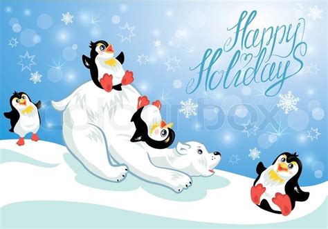 11605385-card-with-funny-penguins-and-polar-bear-on-blue-snow ...