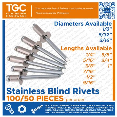 TGC 100/50PCS Stainless Blind Rivets 1/8 5/32 3/16 inches Pop Rivets ...