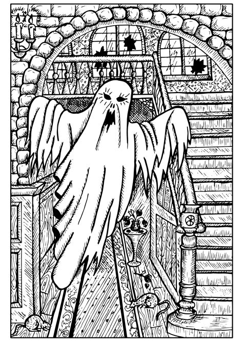 Ghost in a haunted house - Halloween Adult Coloring Pages