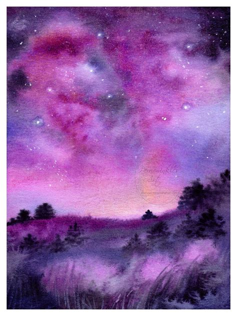 Watercolor landscape galaxy night purple sunset clouds forest | Etsy