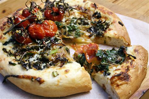 olive oil white sauce pizza with caramelised onions, kale, spinach and tomato - Belleau Kitchen