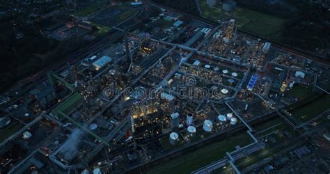 Night Time Aerial of a Refinery, Petrochemical Industry Installation ...