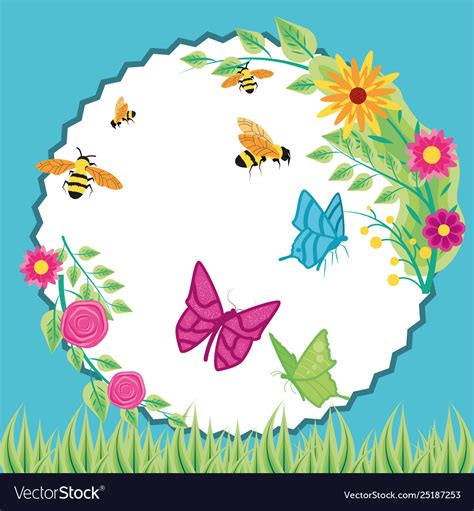 Flowers with bees and butterflies in frame Vector Image