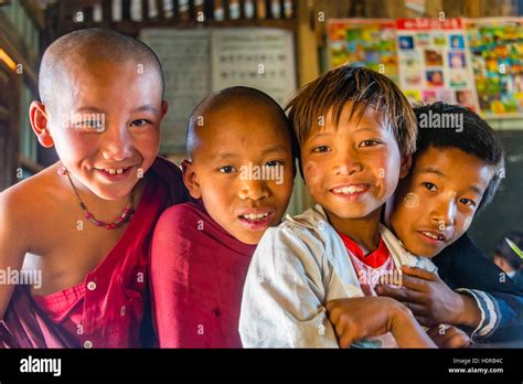 School children at school, posing for camera, Shan State, Myanmar Stock ...