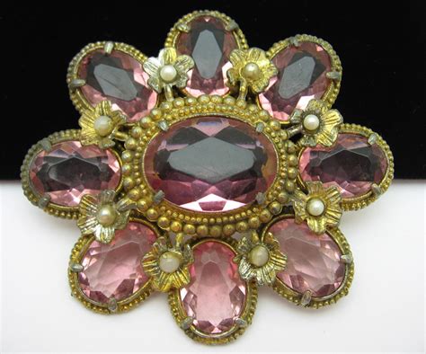 ** SOLD ** PINK ICE BIG BROOCH! Large Oval Gems in Goldtone Vintage PIN 3″ Length – Just Jewelry