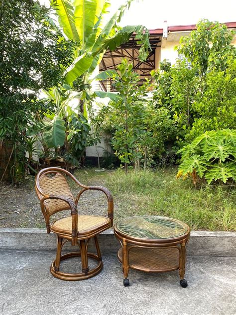 pair of rattan swivel chair/rattan coffee table glass top, Furniture & Home Living, Home Decor ...