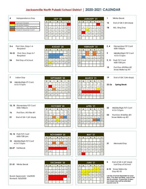 2020-21 School Calendar (revised) | Jacksonville North Pulaski School ...