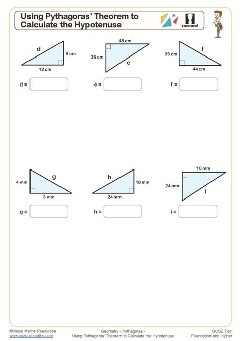 Using Pythagoras Theorem to Calculate the Hypotenuse Worksheet | Cazoom Maths Worksheets