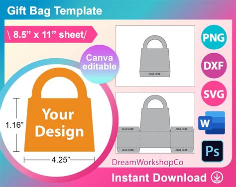 Gift Bag Template, Paper Bag Template SVG, DXF, Canva, Ms Word Docx ...