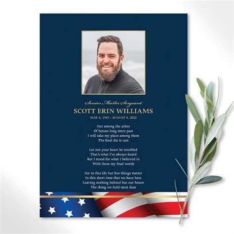 Military Veteran Funeral Memorial Card with a Photo and Poem