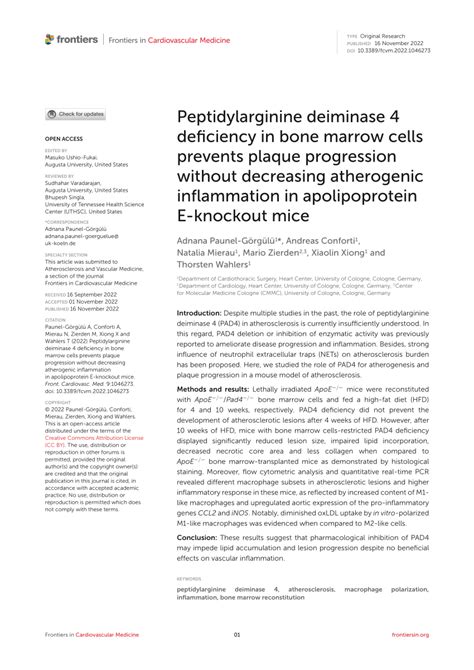 (PDF) Peptidylarginine deiminase 4 deficiency in bone marrow cells prevents plaque progression ...