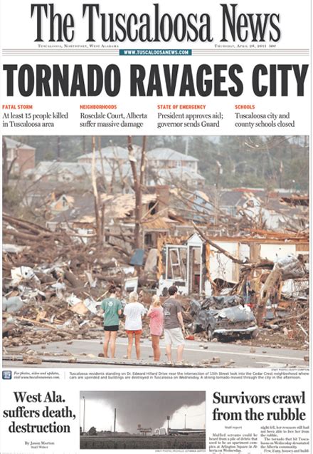 Newspaper front pages showing Tuscaloosa News' iconic tornado photo ...