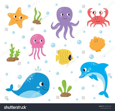 Collection Cute Colorful Cartoon Sea Animals Stock Vector (Royalty Free ...