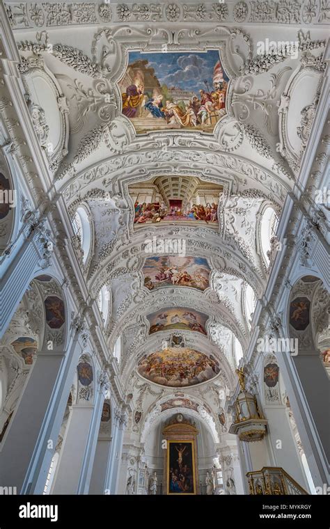 Interior view with chancel and ceiling frescoes and stucco, Basilica St. Quirin, monastery ...