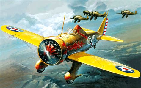 art, Airplane, Boeing, P 26a, Peashooter, Military, Flight, Pilot, Cockpit, Sky, Clouds ...