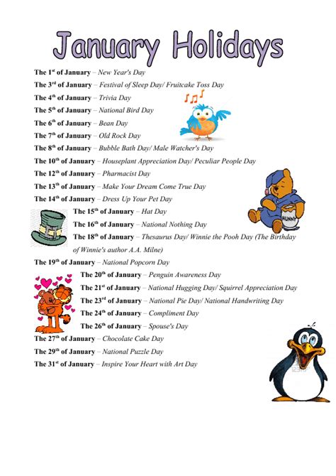 January Holidays Calendar