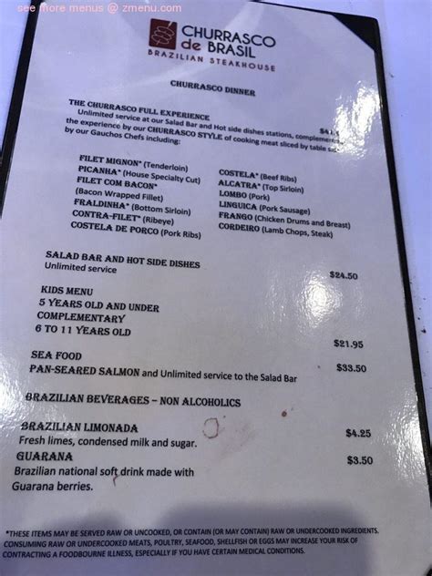 Menu at Churrasco de Brasil Brazilian Steakhouse, Tucson