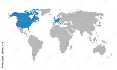 G7 countries map highlighted blue on world map vector. Gray background ...