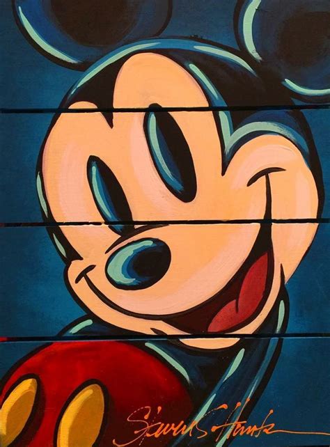 a painting of mickey mouse on wood planks