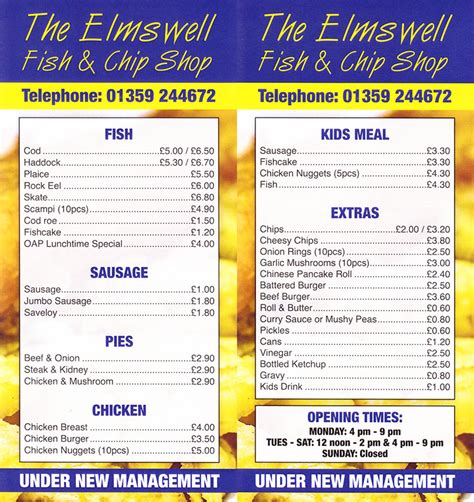 Elmswell Fish and Chip Shop Takeaway Menu