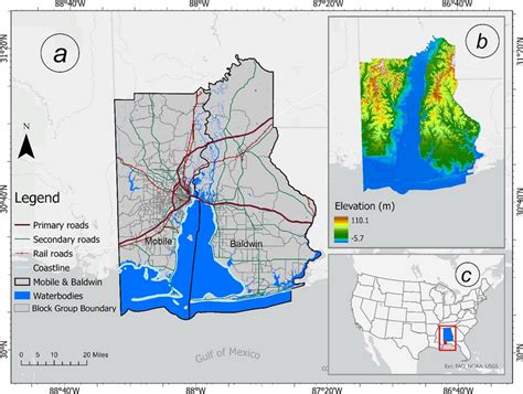 Study area map (a) administrative map of Mobile Bay (b) elevation map ...