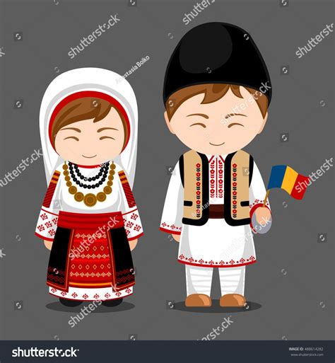 Romanians in national dress with a flag. Man and woman in traditional ...