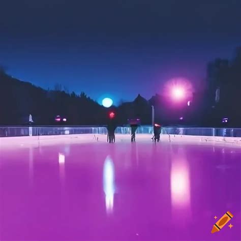 Magenta winter arena with ice rink and happy people