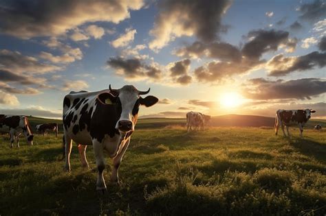 Premium AI Image | Cows grazing on a field with sunset sky