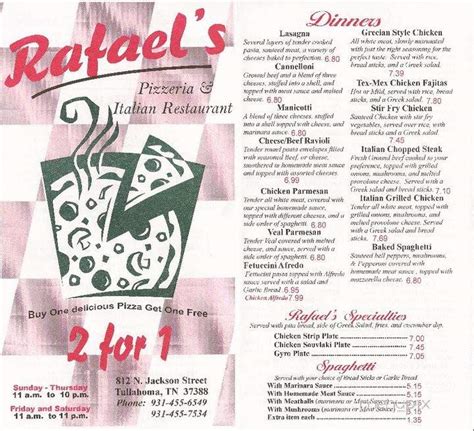 Menu of Rafaels Italian Restaurant in Tullahoma, TN 37388