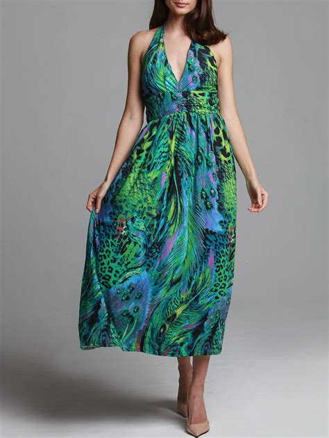 Green One Size(fit Size Xs To M) Bohemian Halterneck Peacock Print Dress For Women | RoseGal.com