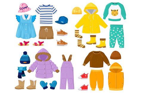 Cartoon kids seasonal winter, spring, summer, fall clothes. Puffer jac ...