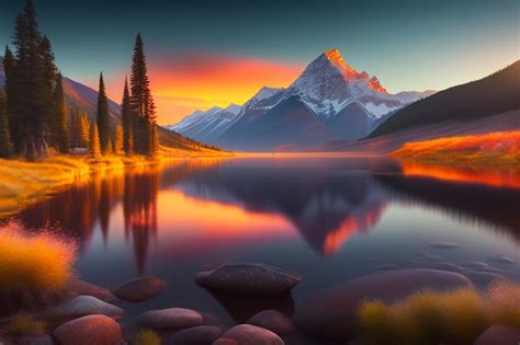 Premium AI Image | A mountain lake with a sunset and a mountain in the background