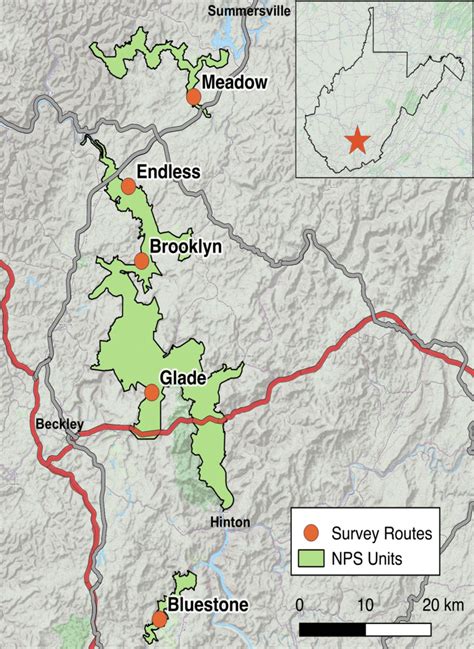 Survey locations (from north to south) in Gauley River National ...