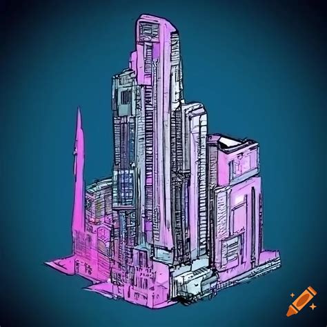 Architectural drawing of a cyberpunk style building