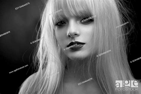 Black and white portrait of girl with blonde hair and opened shoulders, Stock Photo, Picture And ...