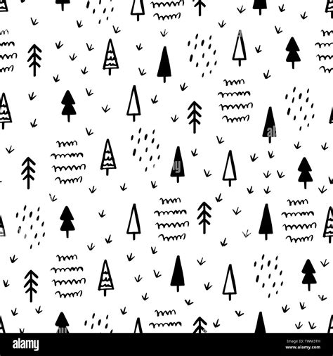 Hand Draw Christmas Tree Seamless Pattern in Doodle style. Vector Monochrome Endless Background ...