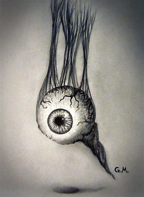 My drawing of a dangling eyeball. Pencil. Freehand, from imagination. Made using a mechanical ...