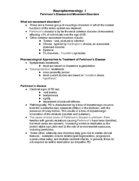 Neuropharmacology I Drugs for Movement Disorders - Neuropharmacology I Parkinson’s Disease and ...