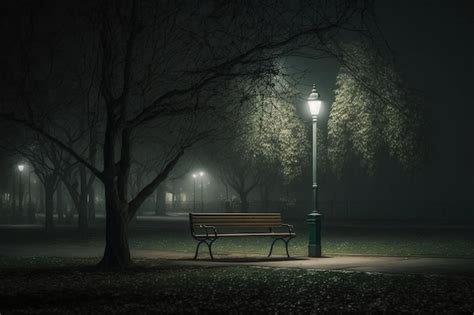 Premium Photo | Empty public park at night with illuminated light on and bench