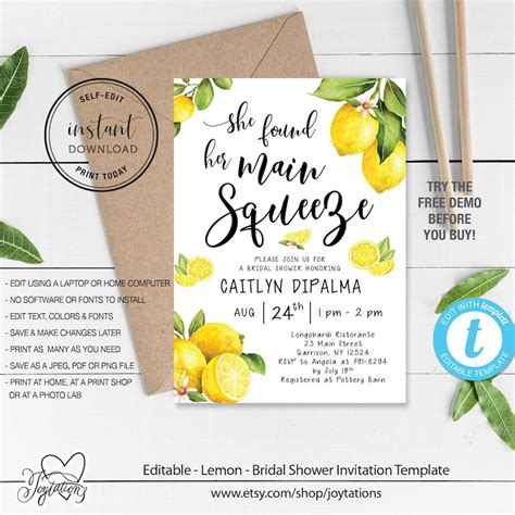 Lemon Bridal Shower Invitation Template Instant Download - Etsy