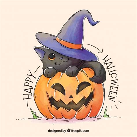 Free Vector | Hand drawn cat and pumpkin with cute style | Cute ...