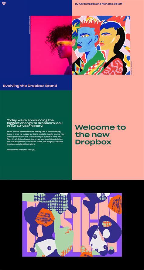 Colorful and semi-brutalist One Pager announcing the biggest change to the Dropbox brand in ...