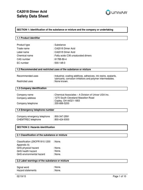 Safety Data Sheet for CA2018 Dimer Acid Provides Insights into Proper Handling and Emergency ...